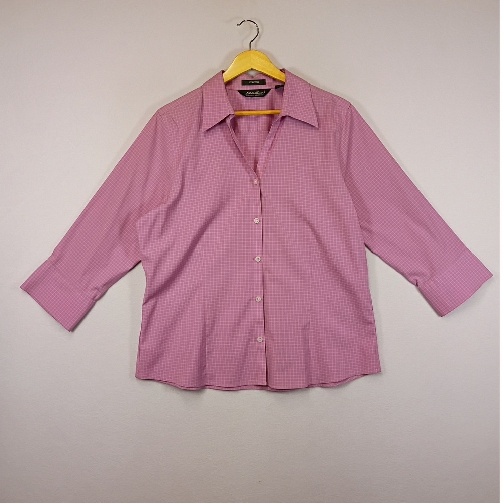 Eddie Bauer Womens Large Pink Micro Grid Wrinkle Resistant 3/4 Sleeve Top
